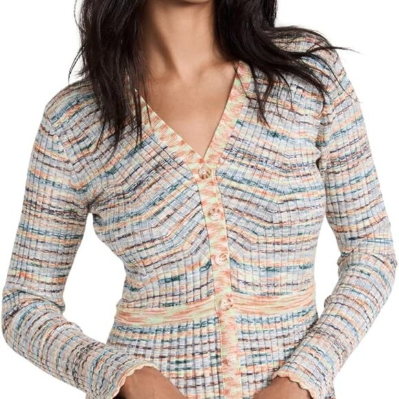 Shoshanna Women's Mini Dress Size L Multicolor Scalloped Hem Knit Ribbed V Neck - Picture 3 of 14